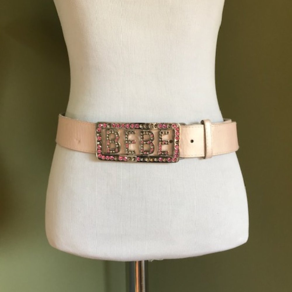 BeBe Genuine Leather Rhinestone Logo Belt
